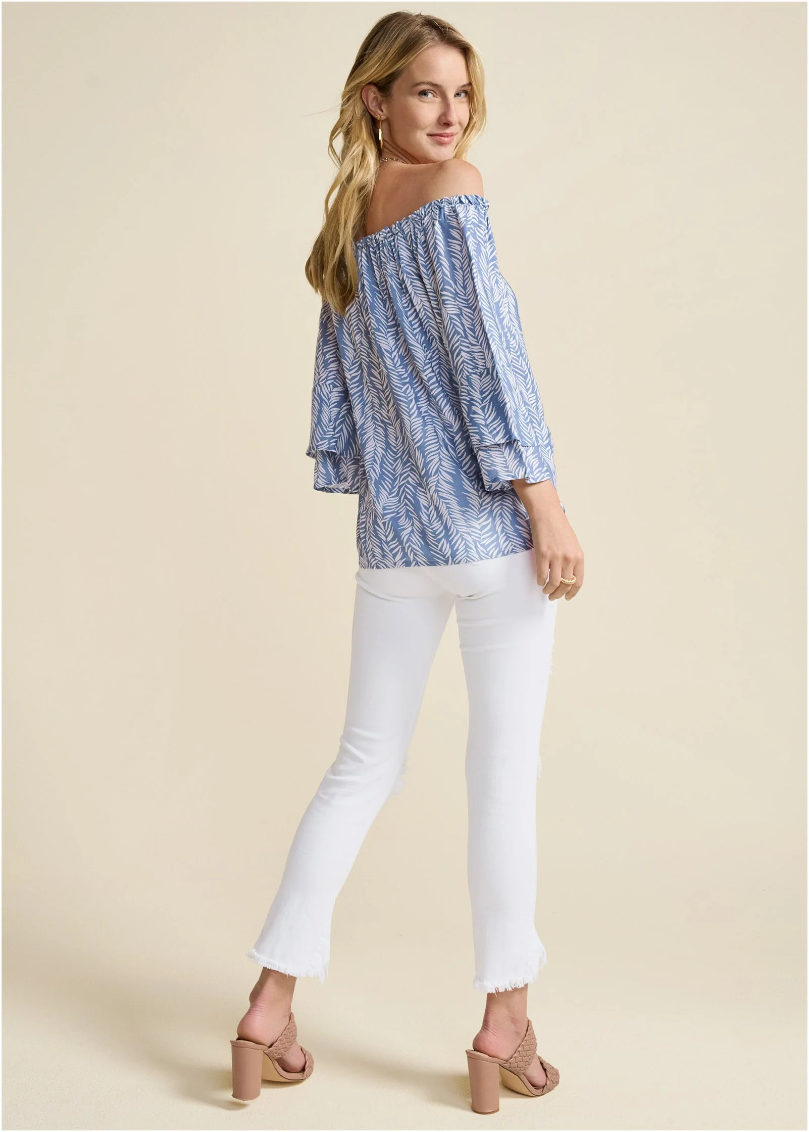 Off-The-Shoulder Printed Top - Blue & White - Image 3