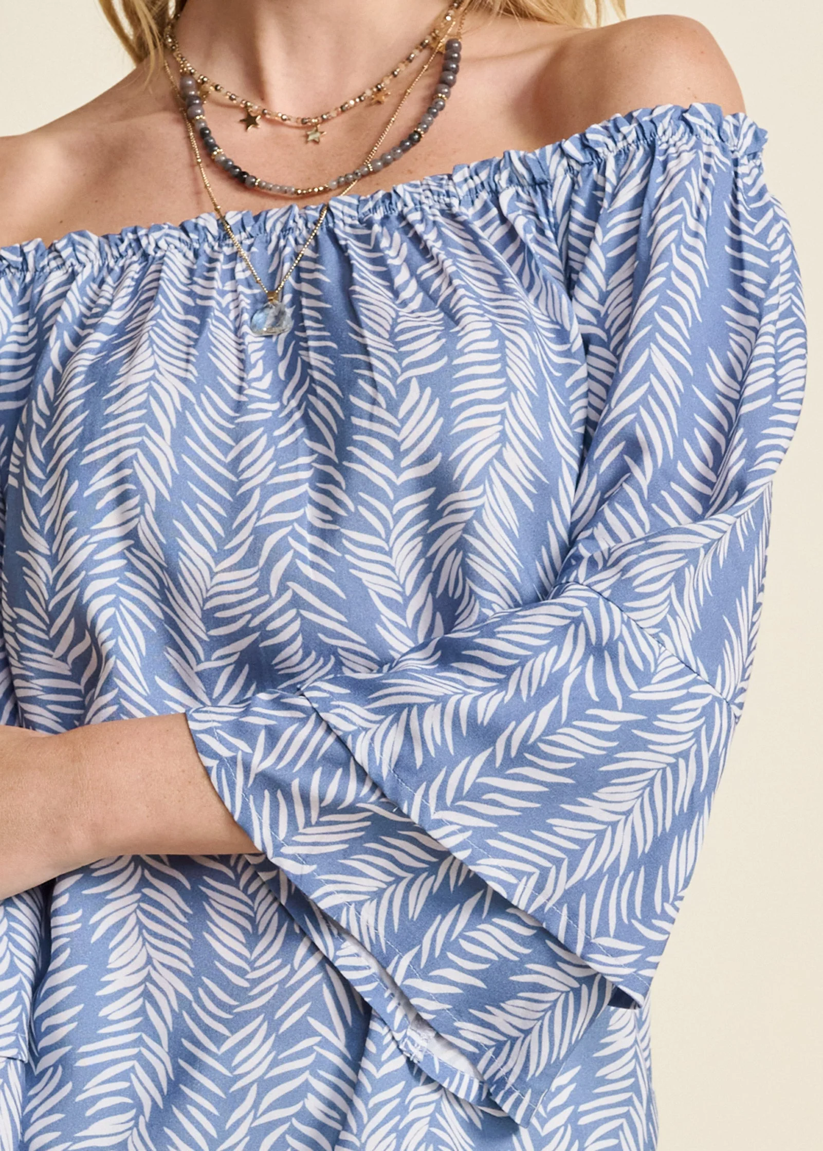 Off-The-Shoulder Printed Top - Blue & White - Image 4