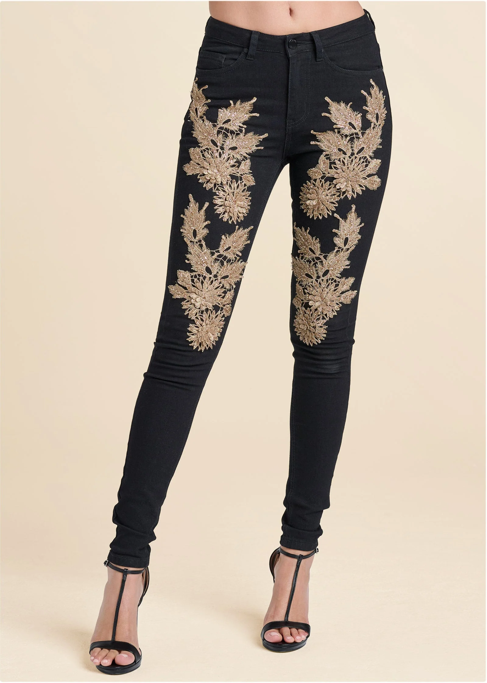 Floral Embellished Jeans - Black Multi - Image 2