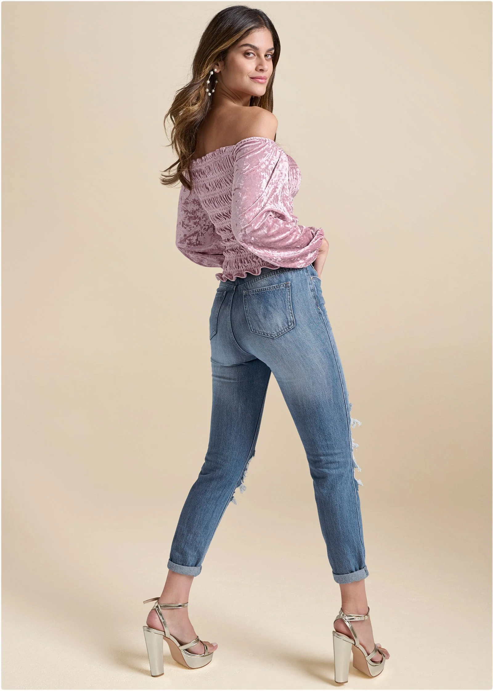 Off-The-Shoulder Velvet Top - Pink - Image 3