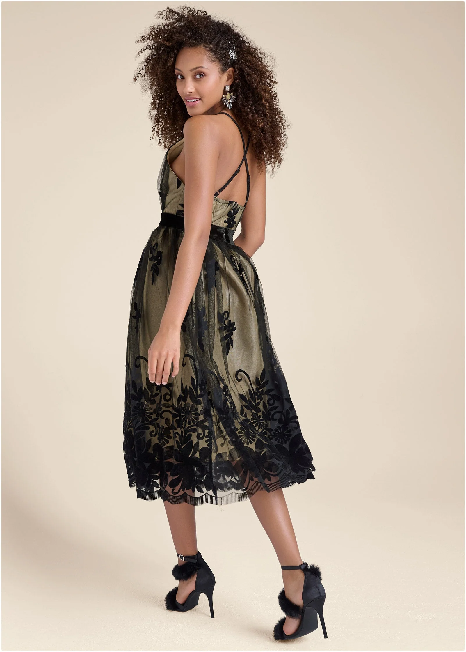 Velvet Floral Midi Dress - Black & Nude - Image 2