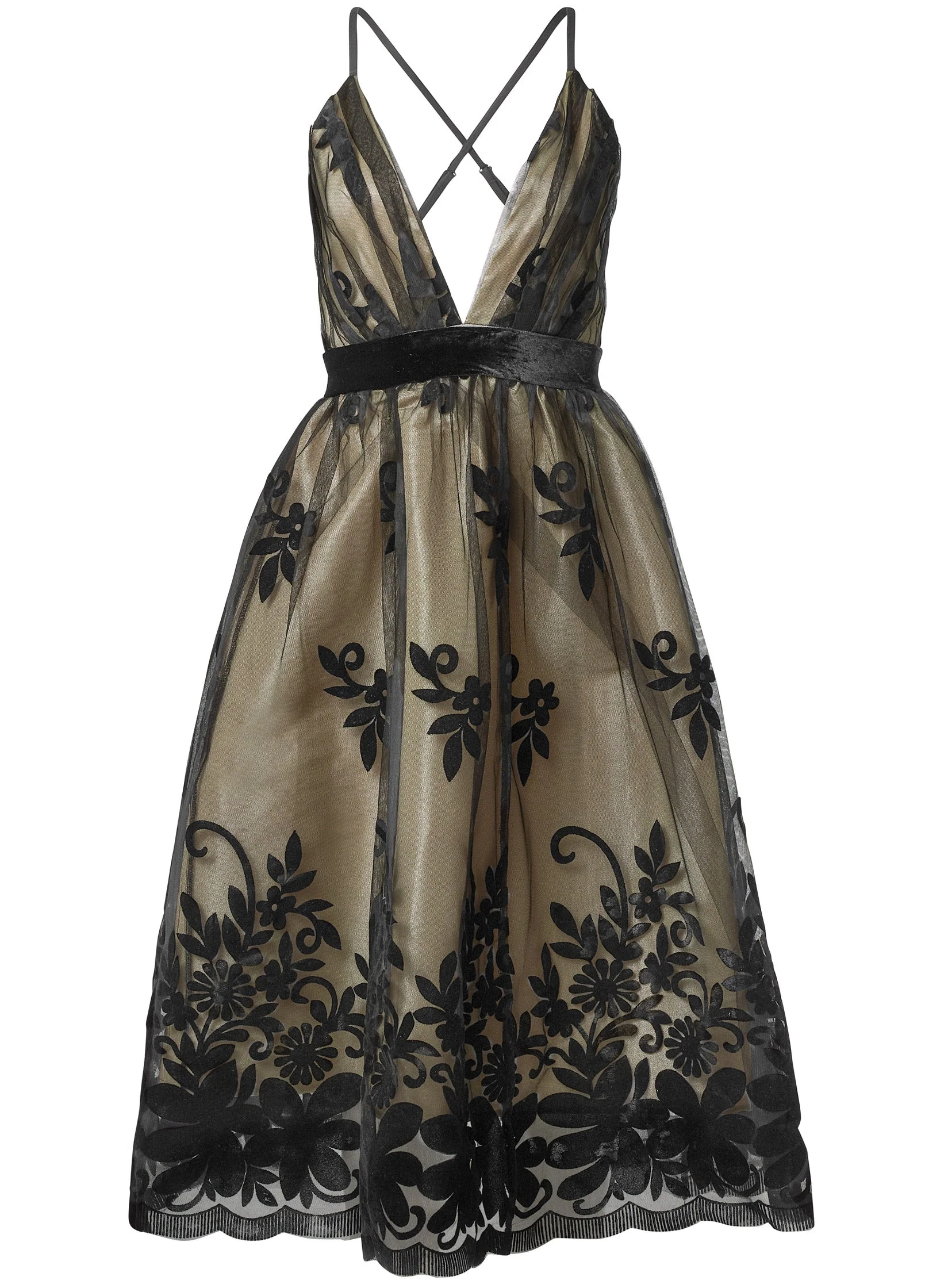 Velvet Floral Midi Dress - Black & Nude - Image 5