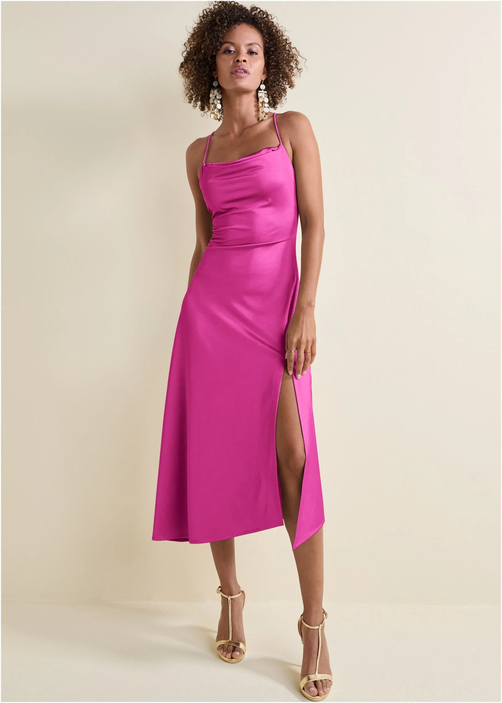 Satin Midi Dress - Fuchsia