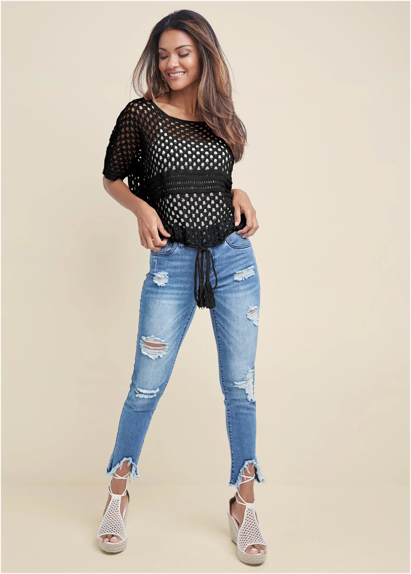 Cotton Open Knit Sweater - Jet Black - Image 2