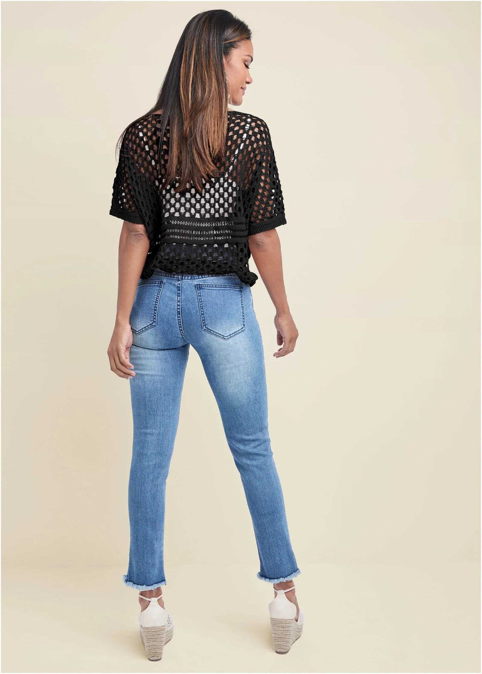 Cotton Open Knit Sweater - Jet Black - Image 3