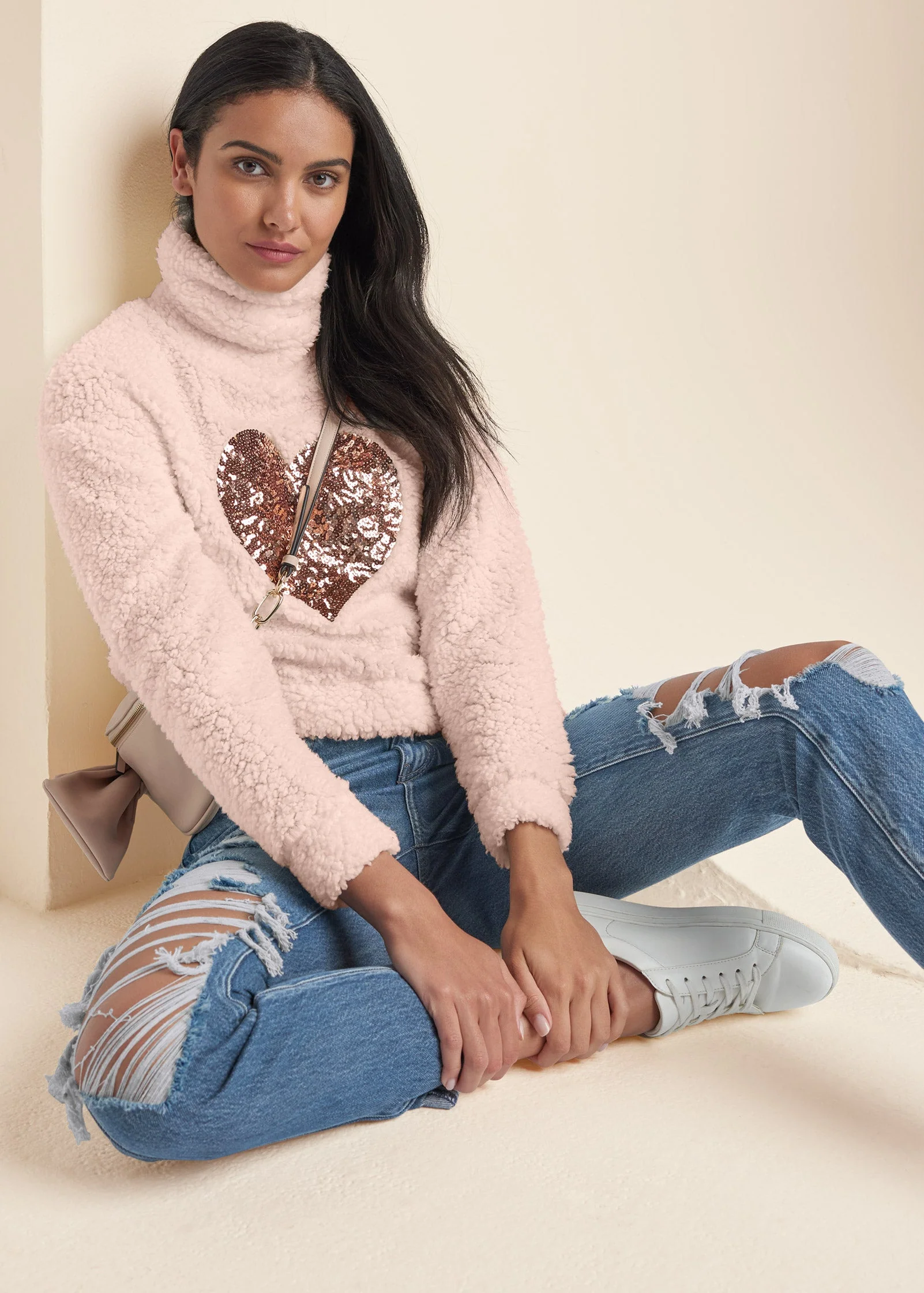 Heart Sherpa Sweatshirt - Peach Blush