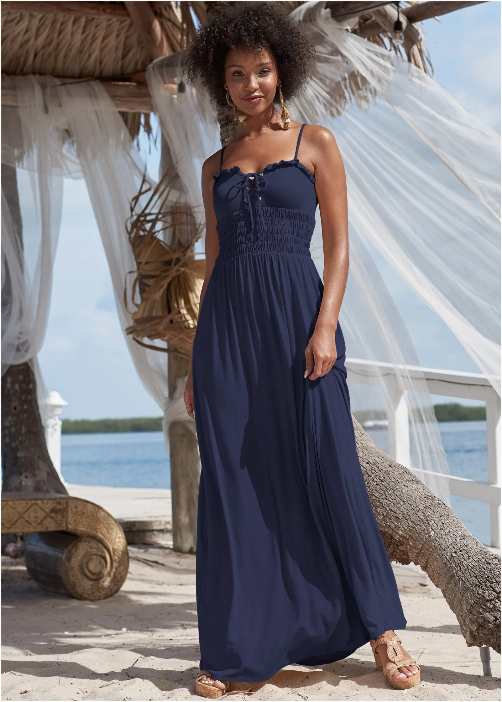 Smocked Lace-Up Dress - Navy - Image 6