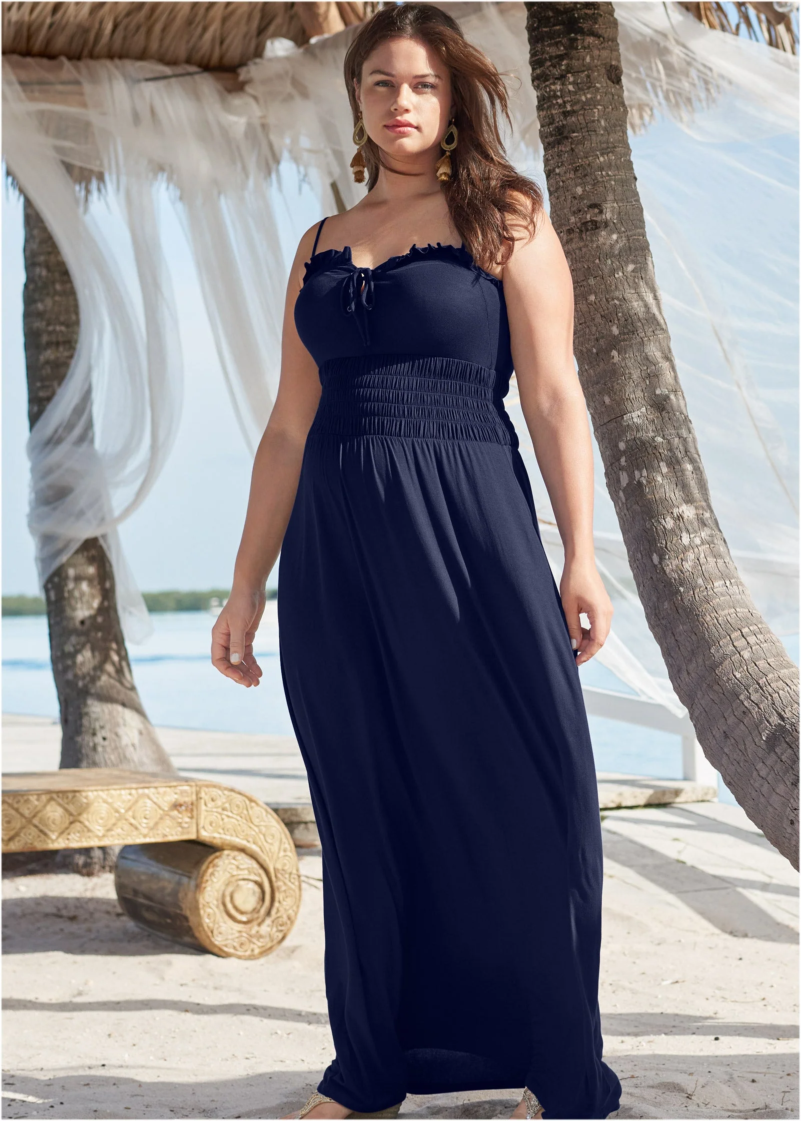 Smocked Lace-Up Dress - Navy - Image 8