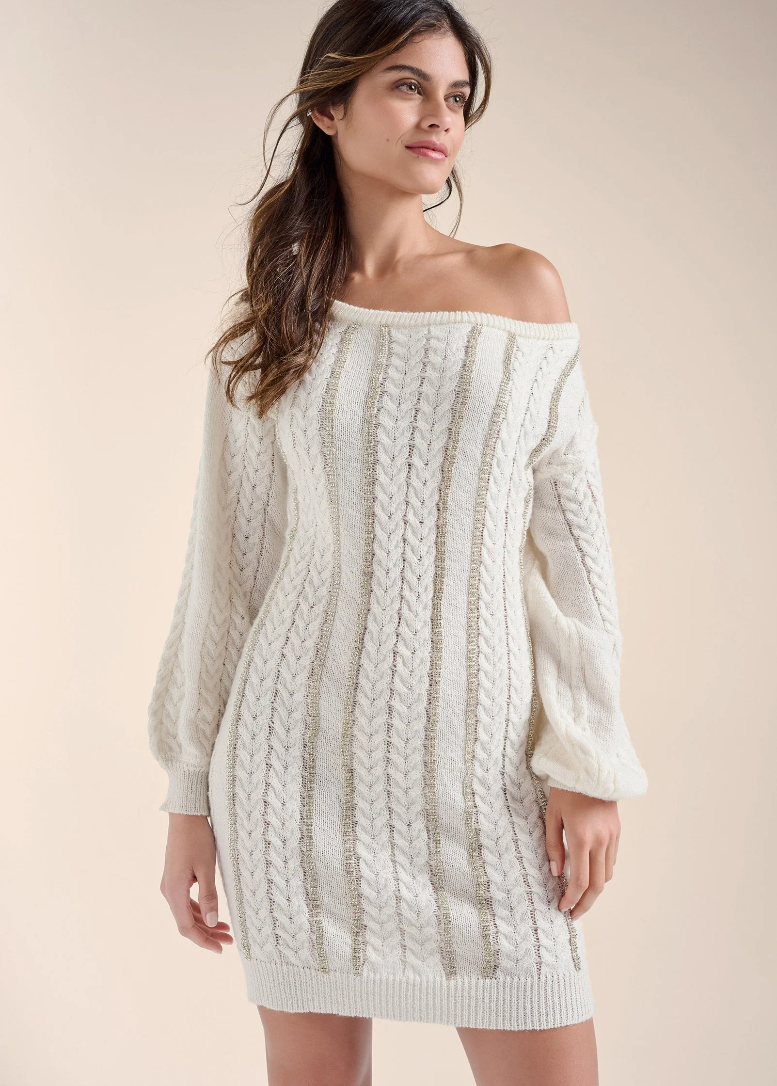 Rhinestone Embellished Sweater Dress  - Cloud Dancer