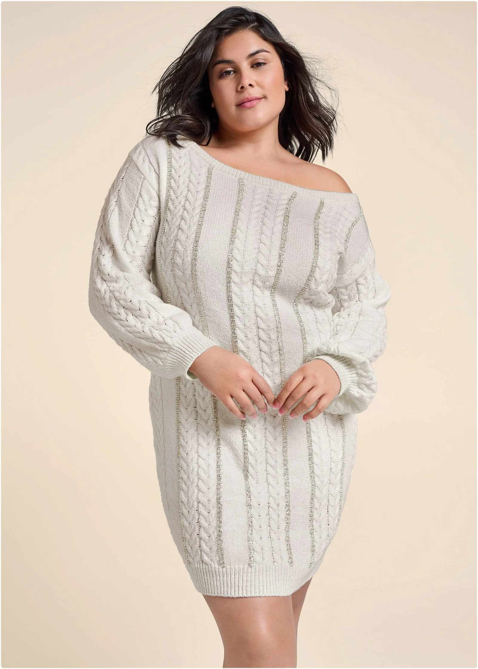 Rhinestone Embellished Sweater Dress  - Cloud Dancer - Image 8