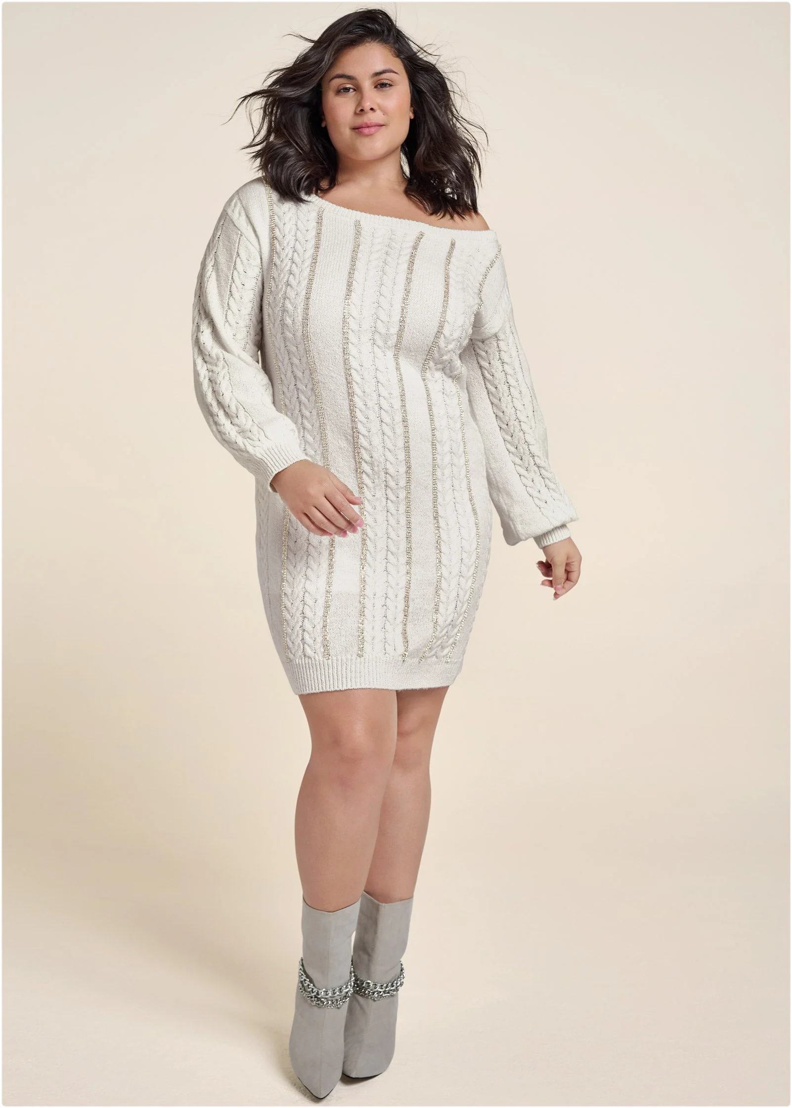 Rhinestone Embellished Sweater Dress  - Cloud Dancer - Image 9