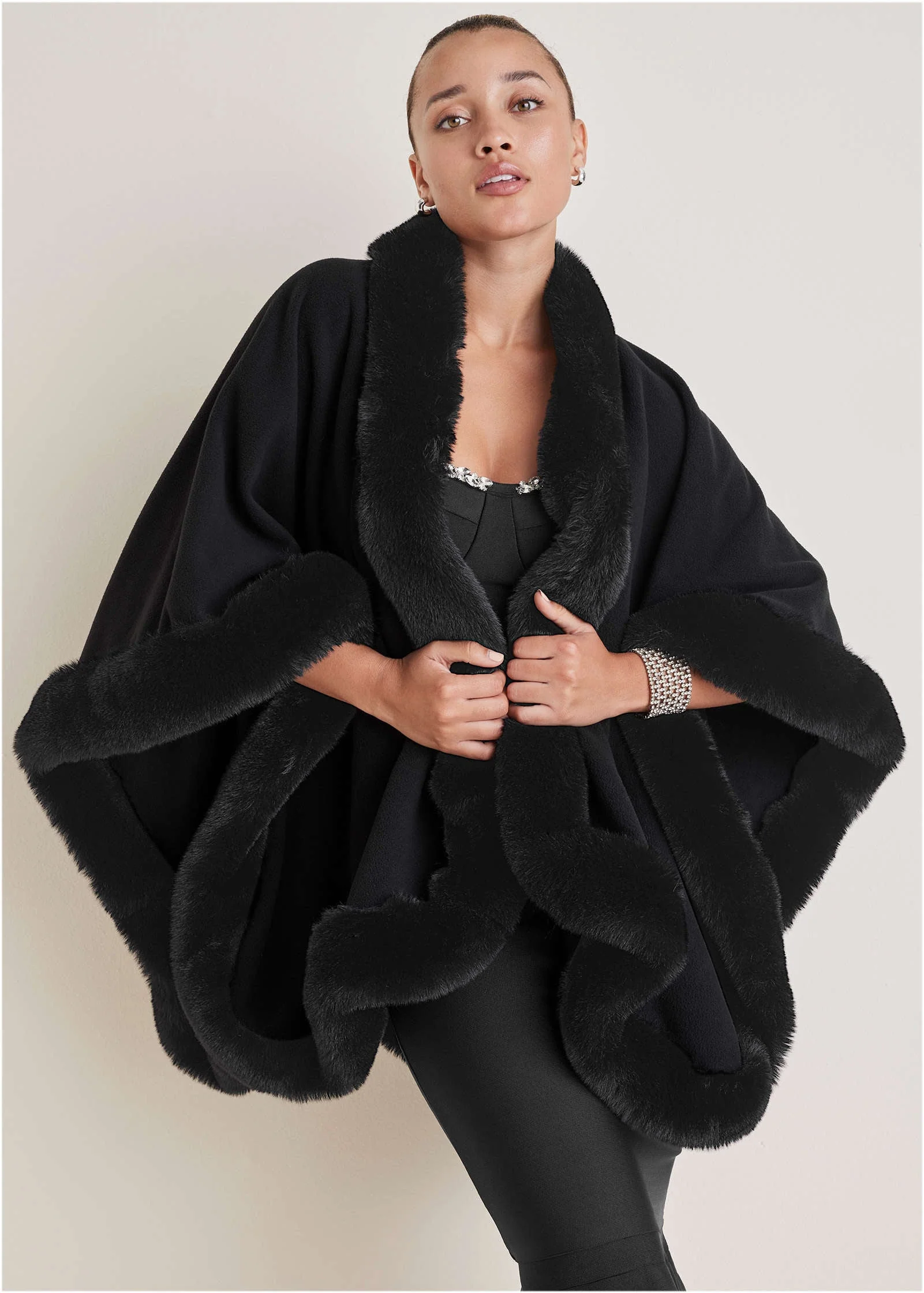 Fur Trim Wrap Shawl - Black - Image 2