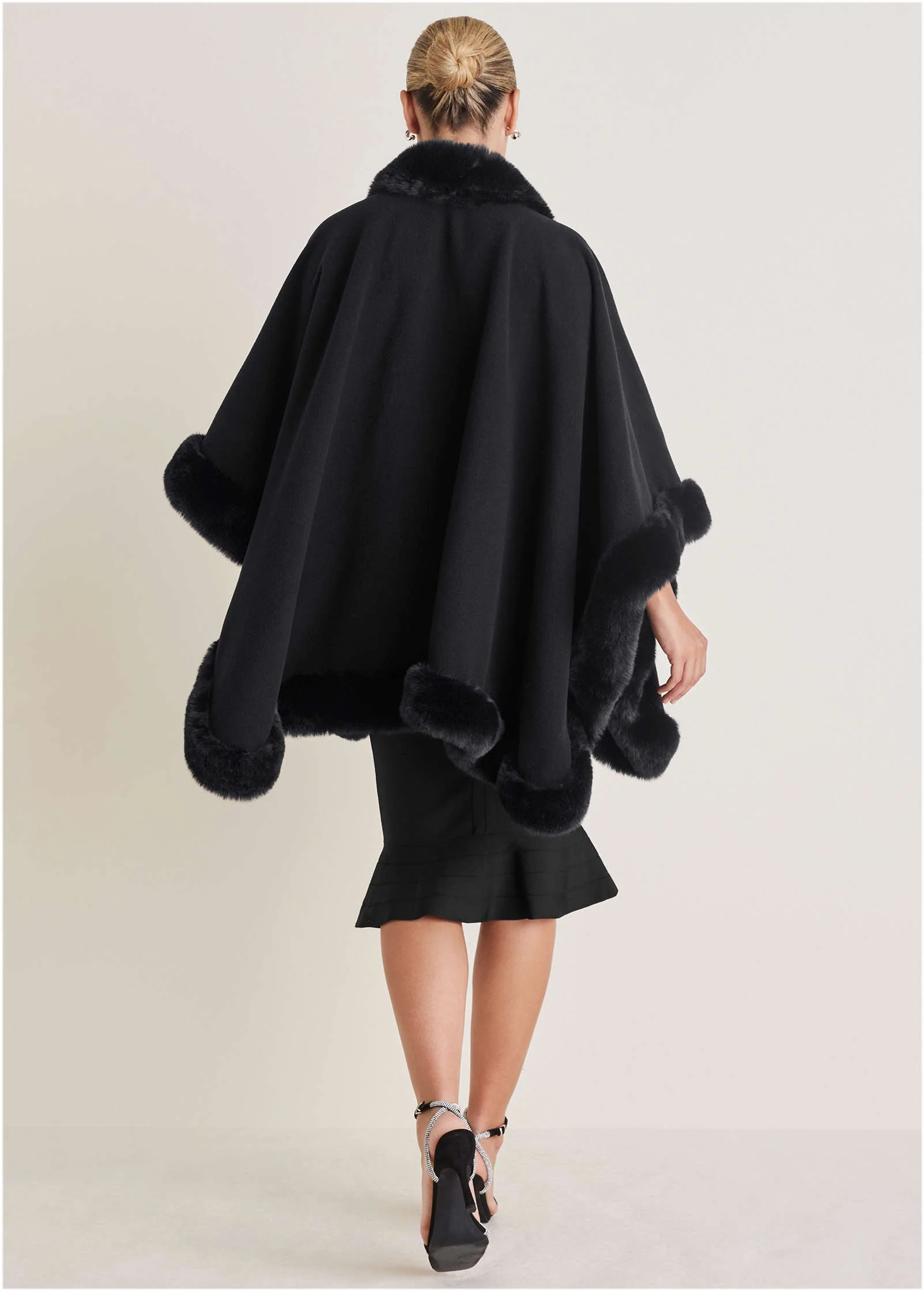 Fur Trim Wrap Shawl - Black - Image 4