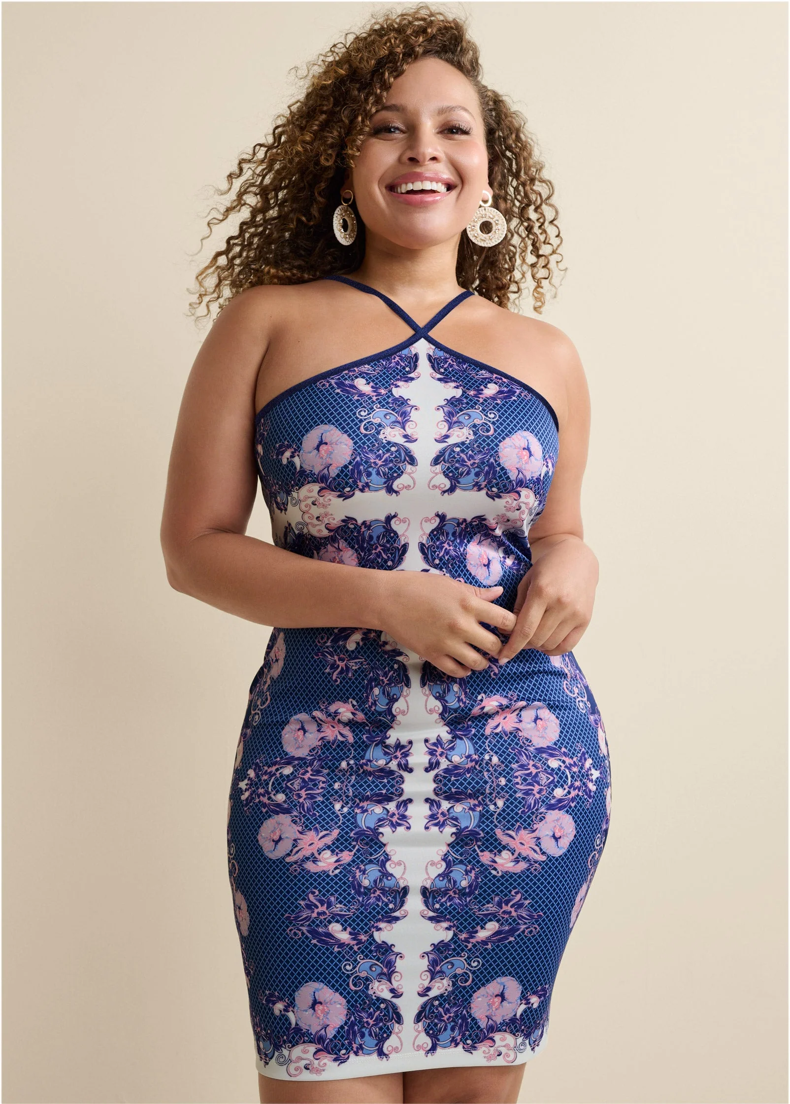 Bodycon Y-Neck Dress - Purple Multi - Image 11