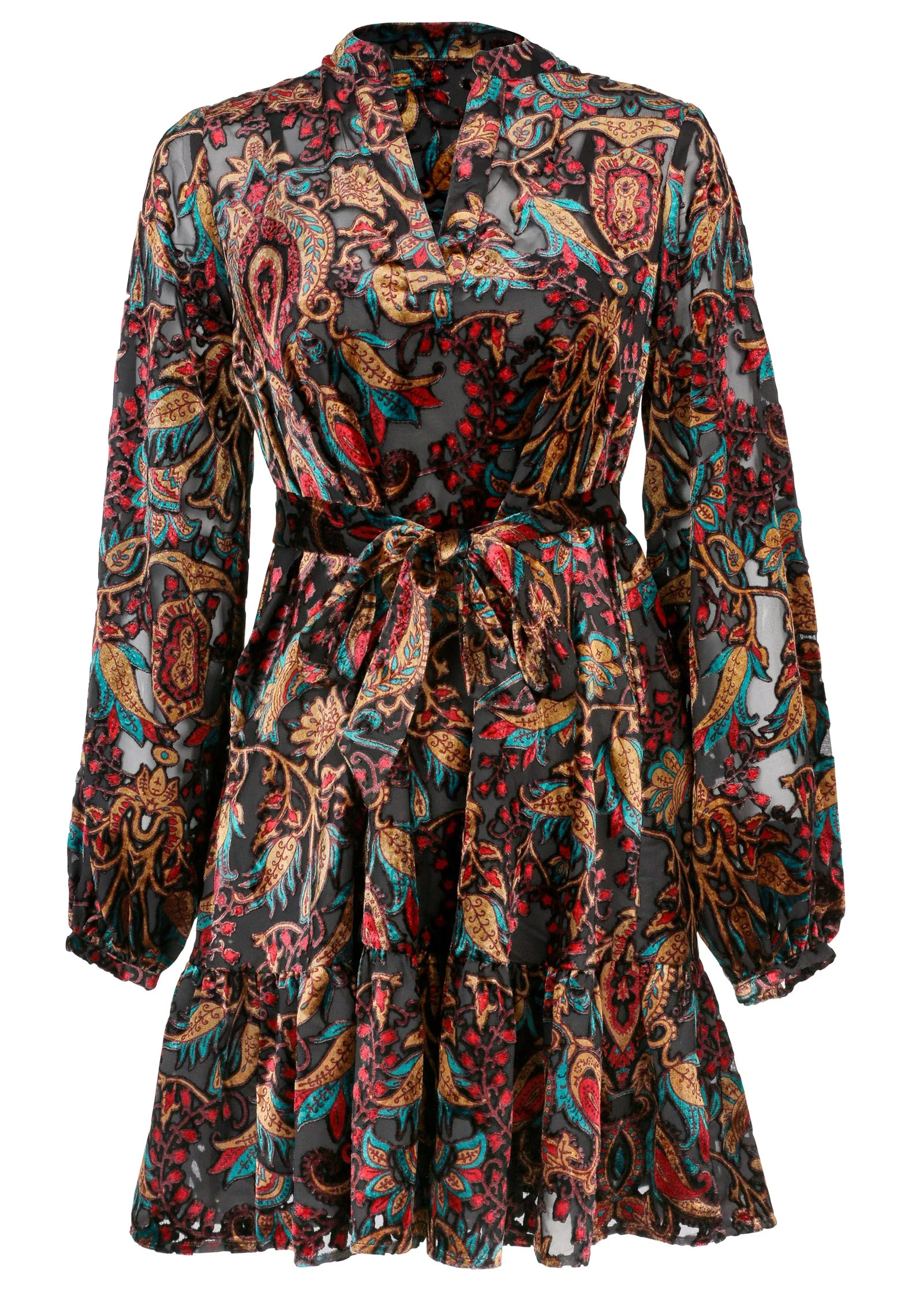 Burnout Velvet Mini Dress - Black Multi - Image 7