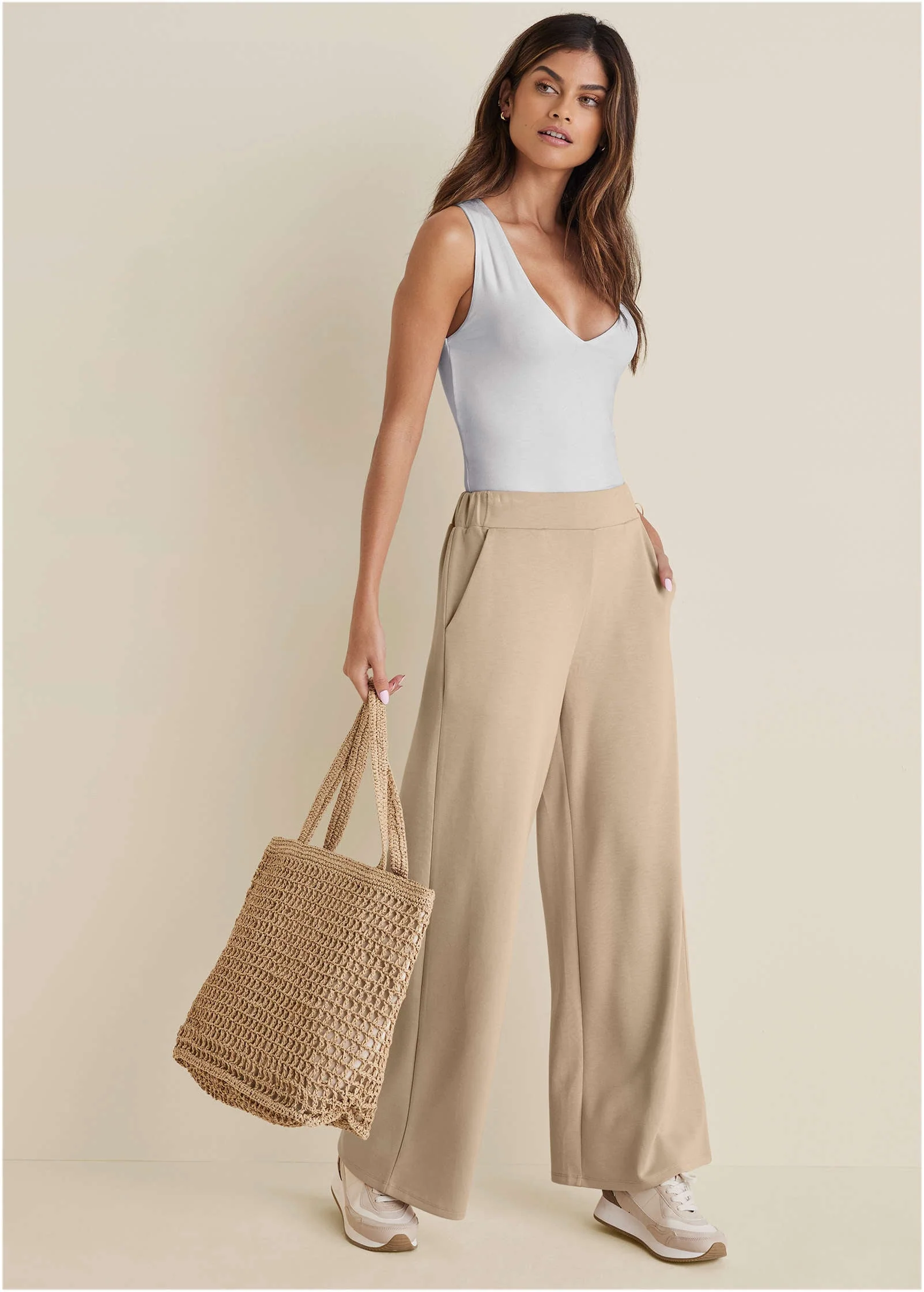 Double Knit Wide Leg Pants - Tan - Image 2