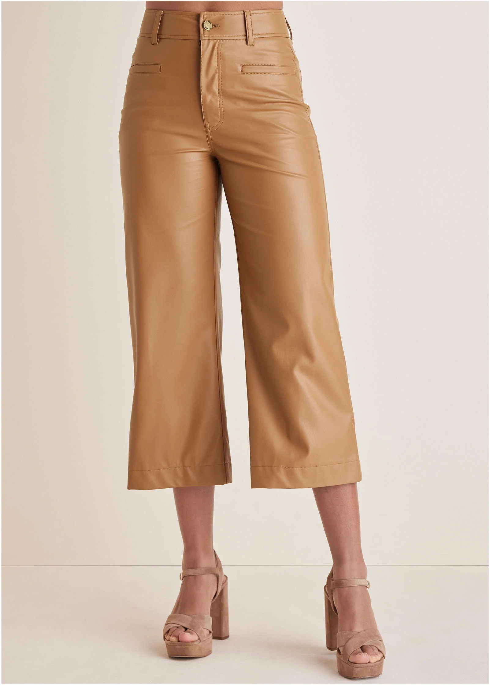 Wide Leg Faux-Leather Pants - Tobacco Brown - Image 3