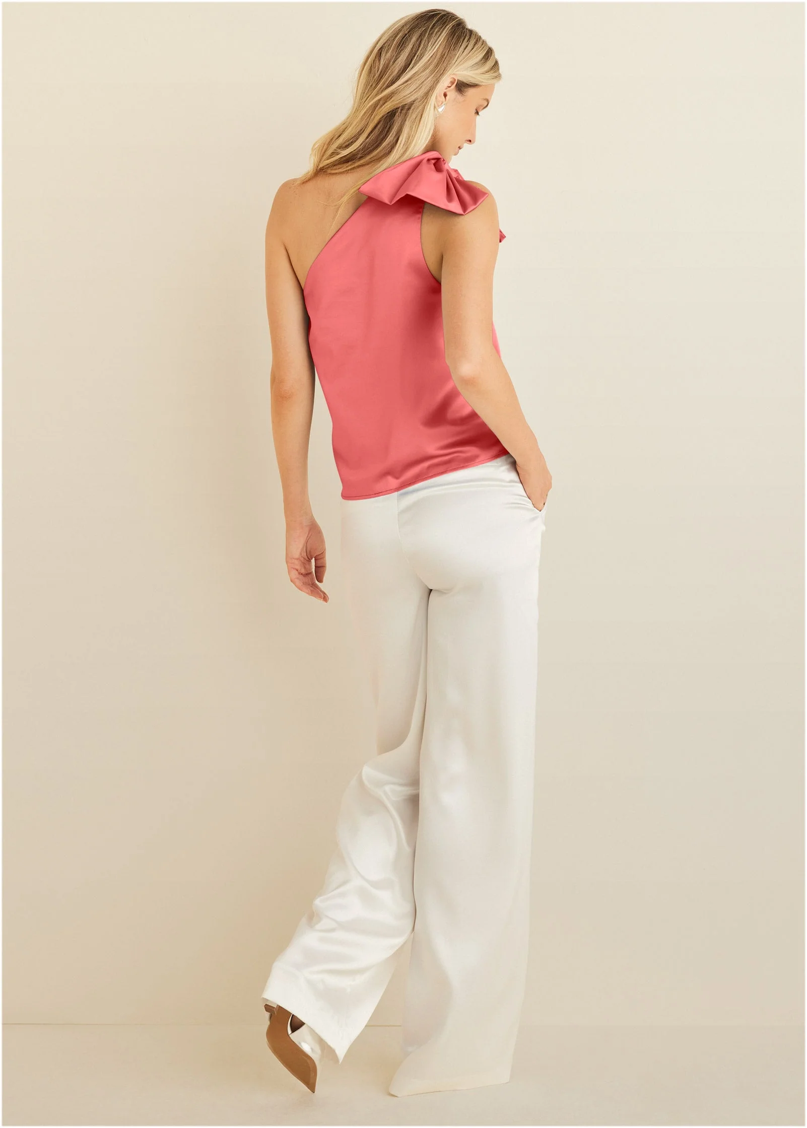Bow Detail One-Shoulder Top - Coral - Image 2