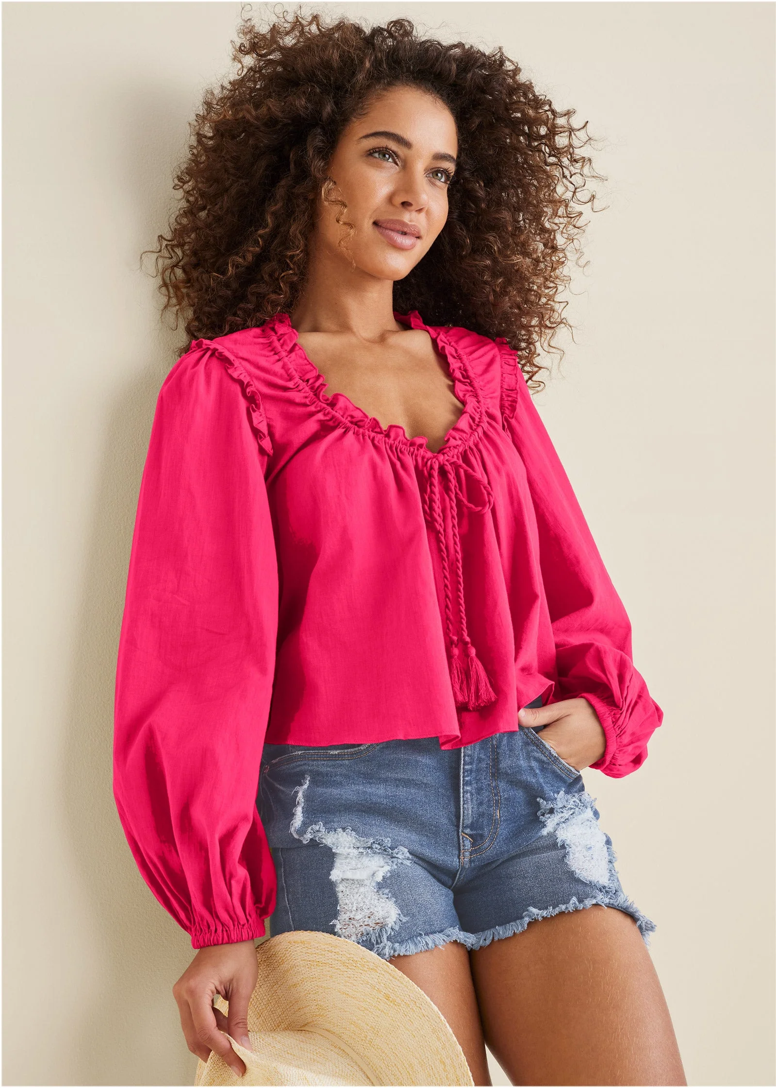 Tassel Long Sleeve Top - Dark Pink - Image 2