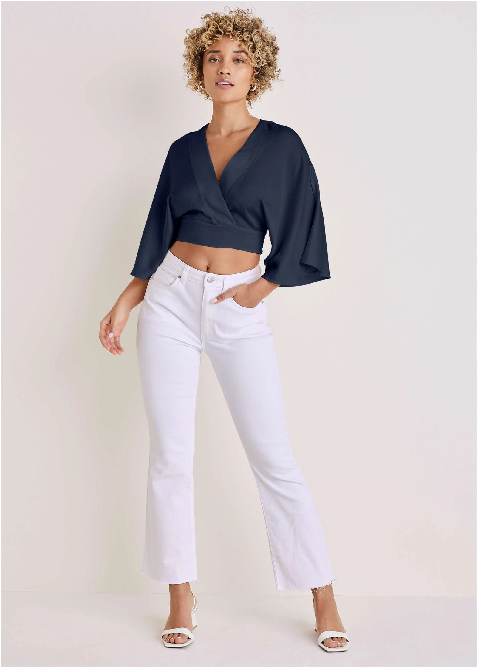 Kimono Sleeve Faux Wrap Top - Navy - Image 3