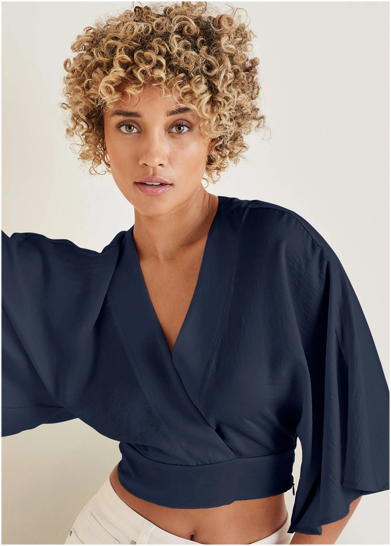 Kimono Sleeve Faux Wrap Top - Navy - Image 5
