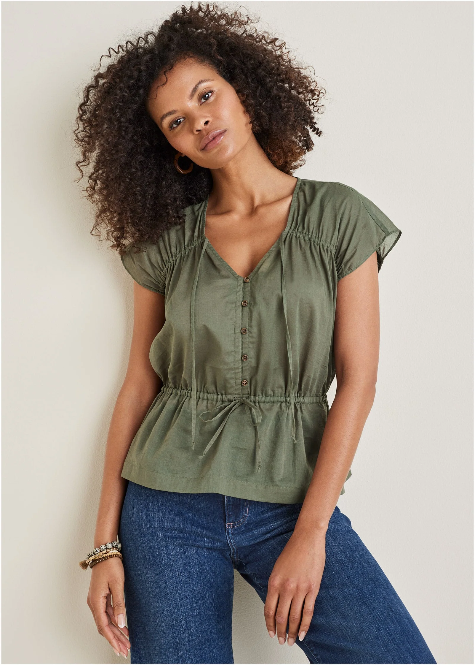 Adjustable Tie Front Top - Olive - Image 5