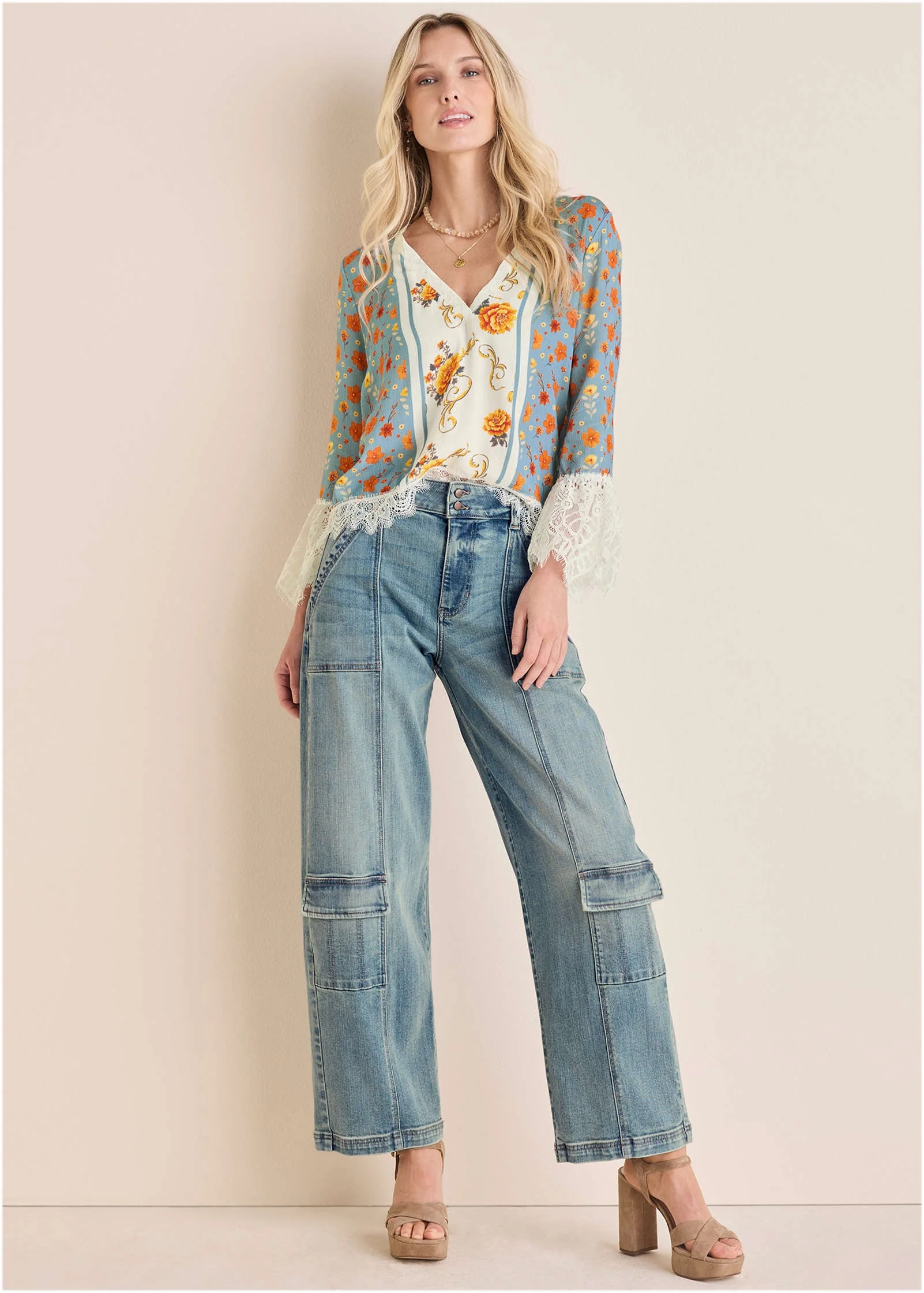 Lace Trim Woven Top - Blue Multi - Image 2
