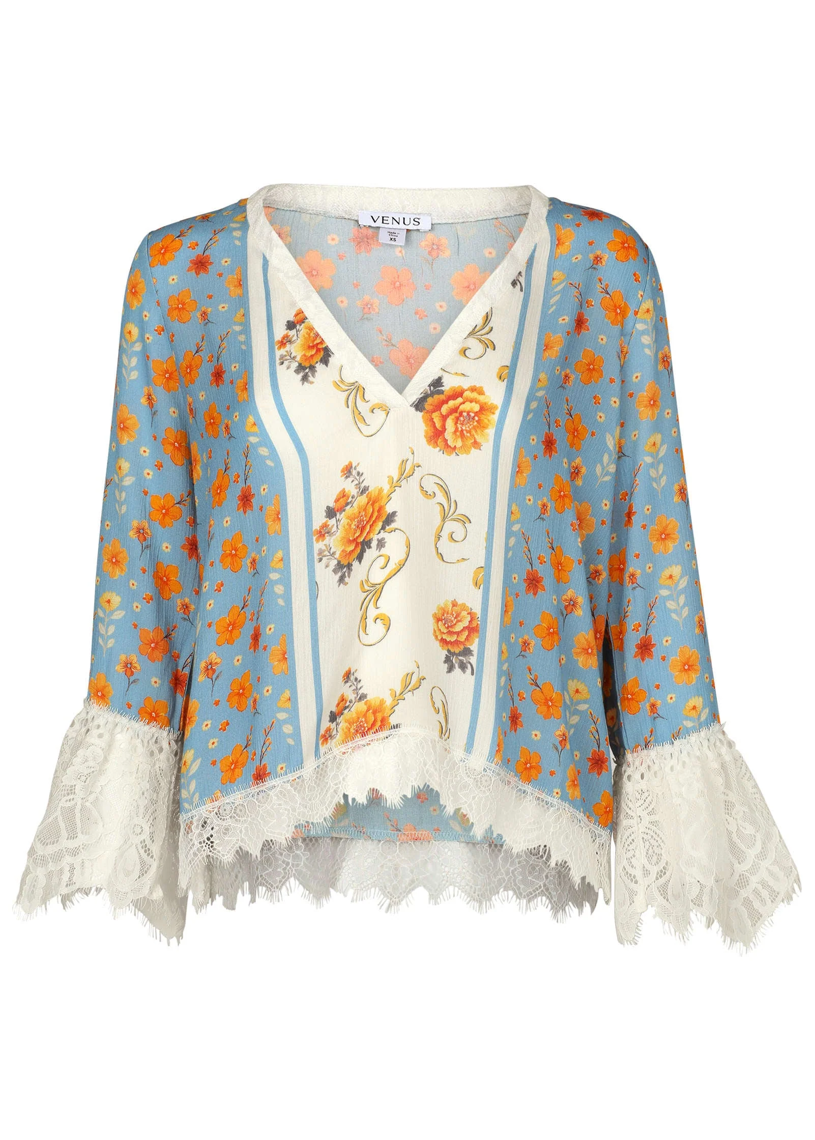 Lace Trim Woven Top - Blue Multi - Image 4
