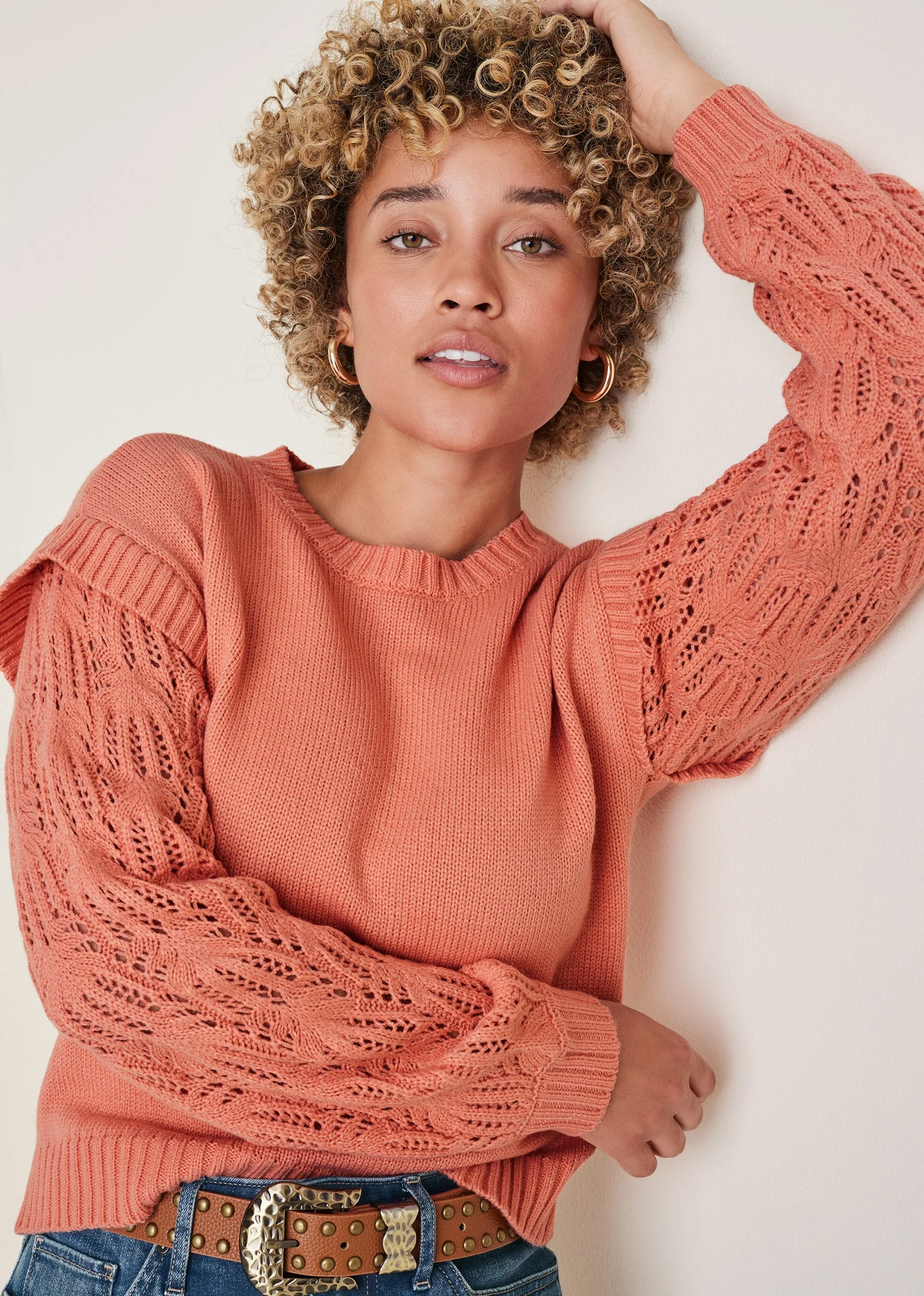 Pointelle Sleeve Crew Neck - Burnt Coral - Image 5
