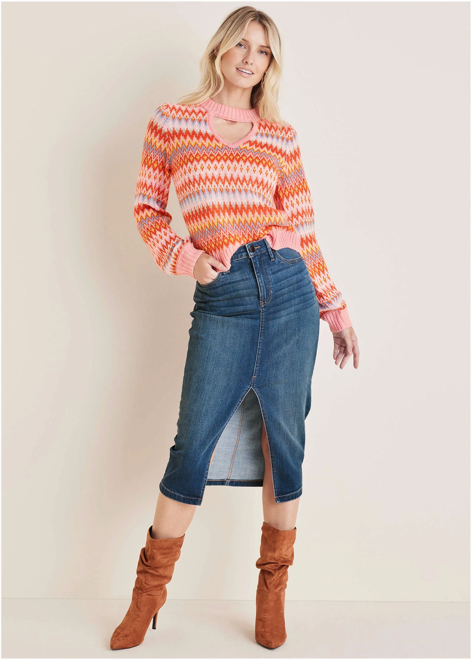 Fair Isle Mock Neck Sweater - Peach Dust - Image 3