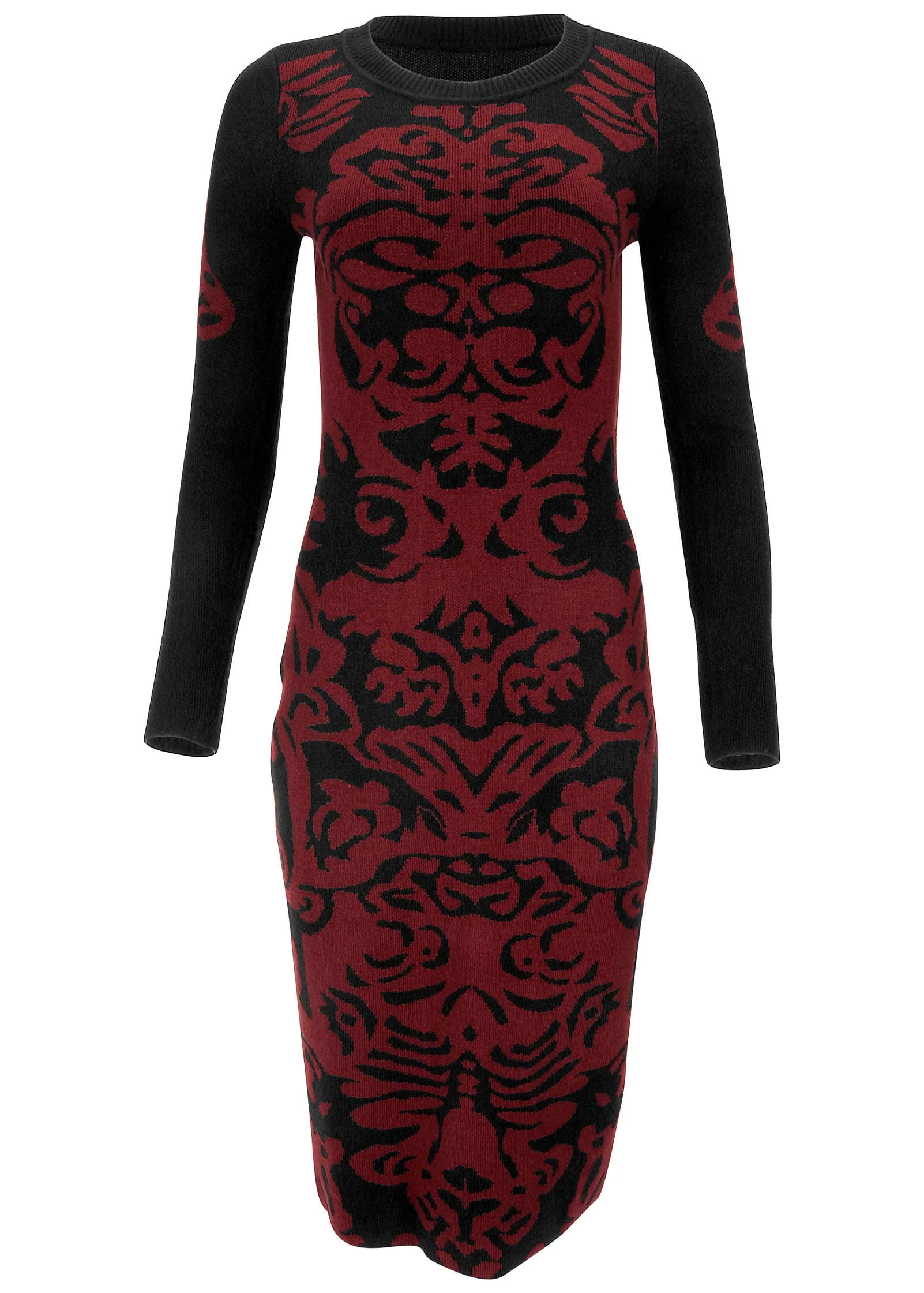 Printed Midi Sweater Dress - Black & Wine - Image 4