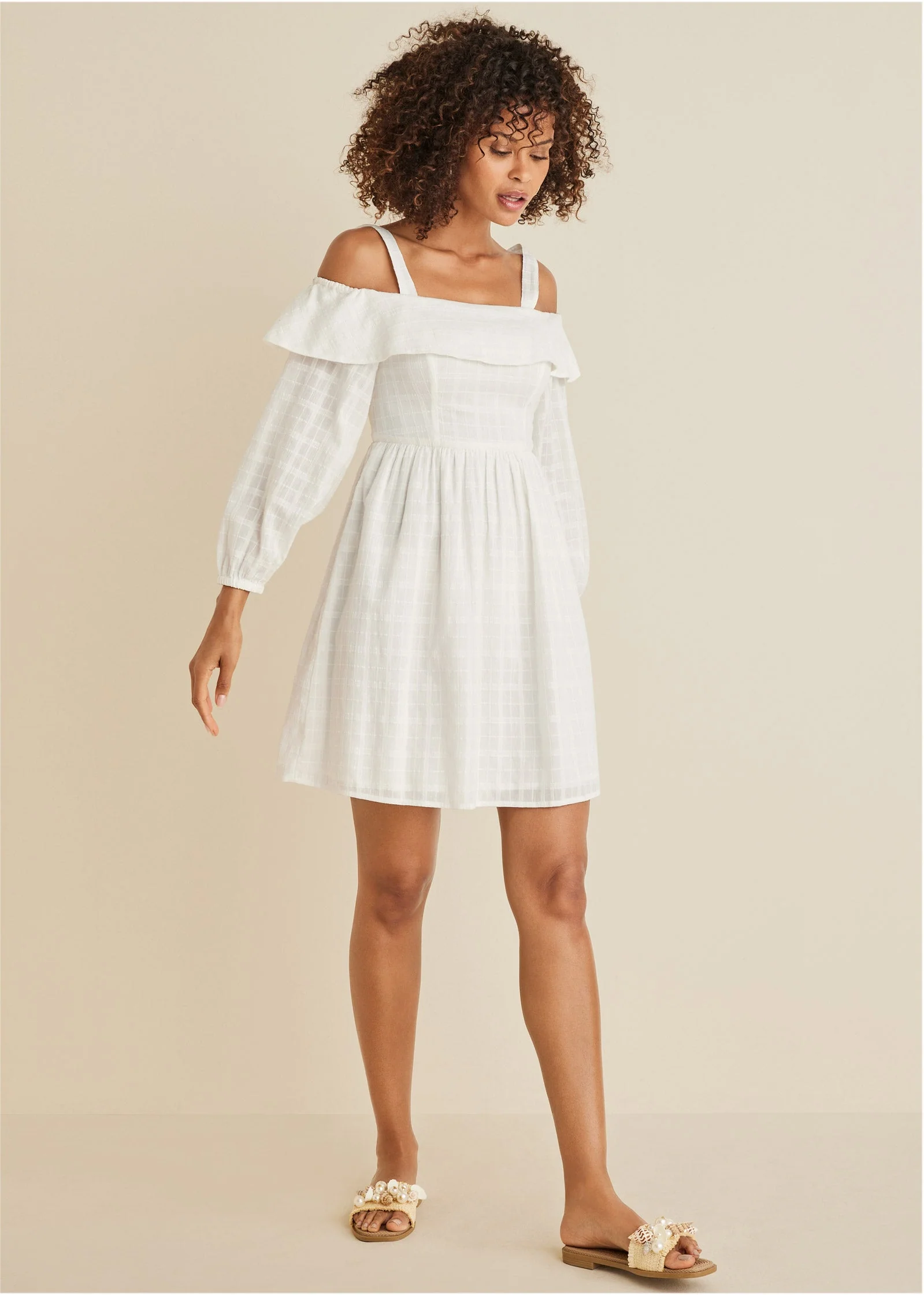 Cotton Dobby Off Shoulder Mini Dress  - Cloud Dancer - Image 3