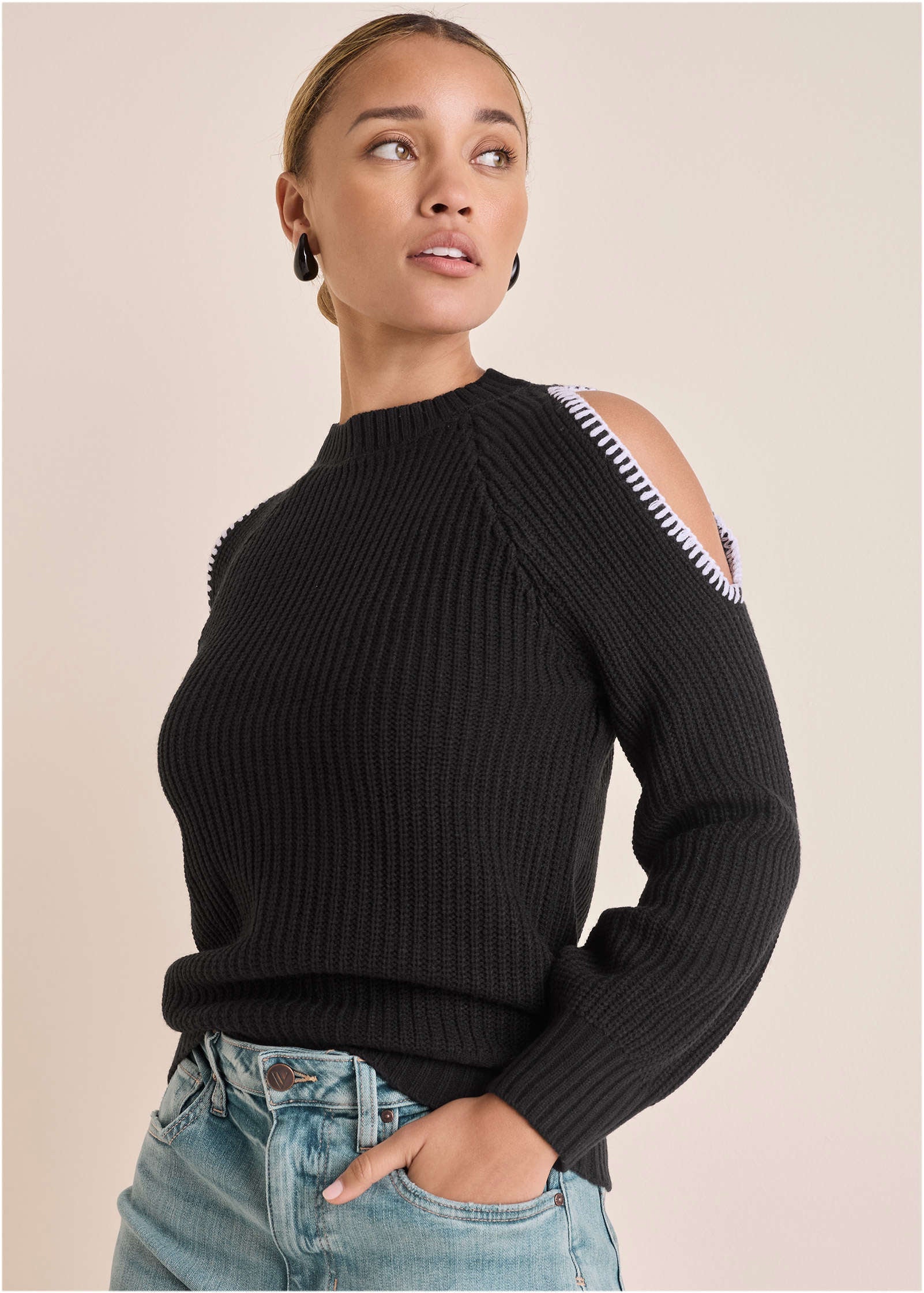 Cold Shoulder Sweater - Jet Black - Image 2